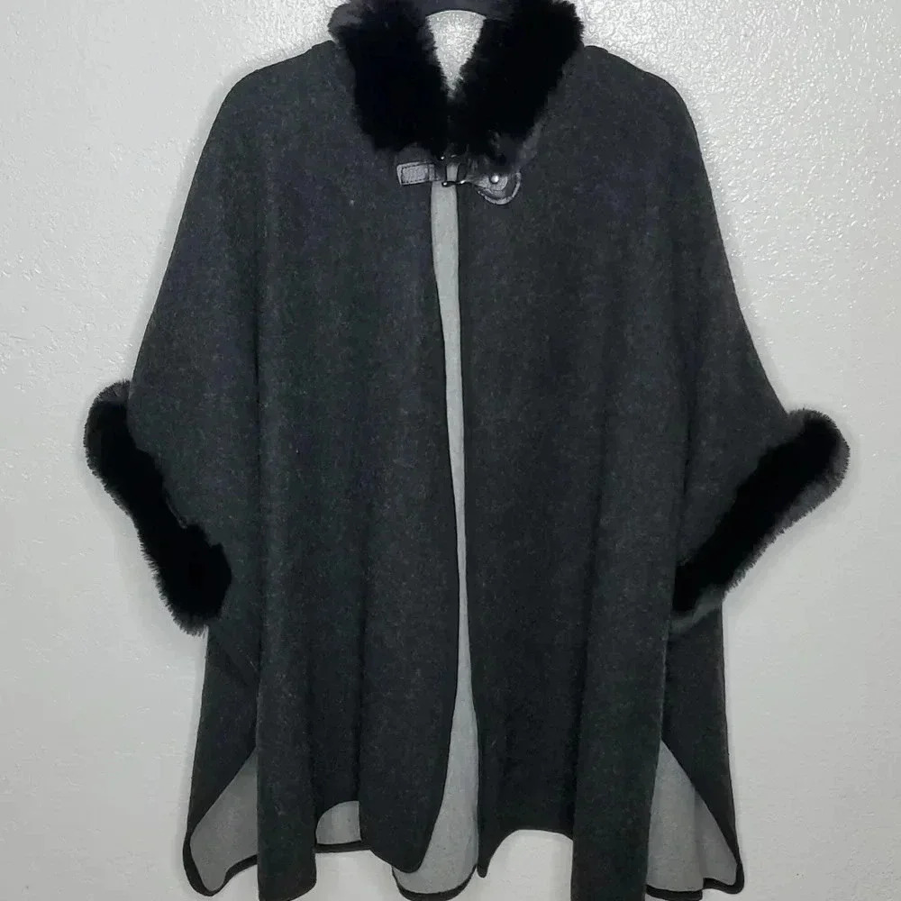 Charcoal Gray Hooded Poncho/Cape with Black Faux Fur Trim